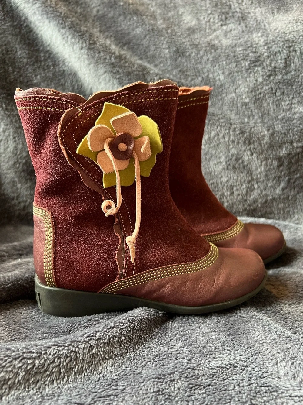 EU 30 (US 12.5) Burgundy Suede Leather Floral Boots Side Zip